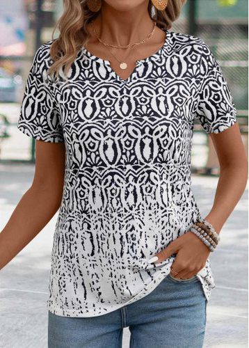 Black Tribal Print Short Sleeve Split Neck T Shirt - unsigned - Modalova