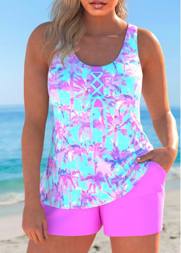 Lace Up Tropical Plants Print Hot Pink Tankini Set - unsigned - Modalova