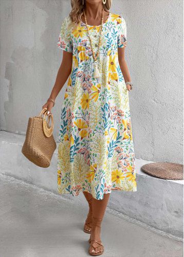 Yellow Pocket Floral Print A Line Short Sleeve Dress - unsigned - Modalova