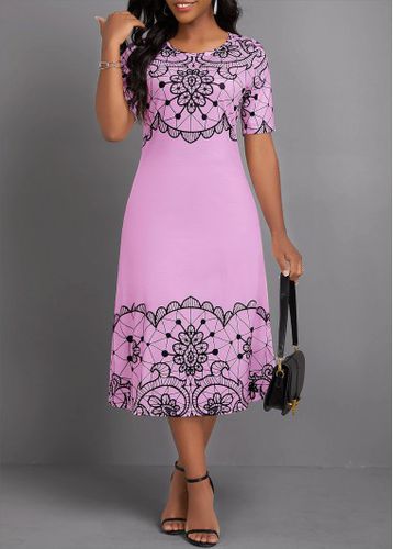 Neon Pink Geometric Print Short Sleeve Round Neck Dress - unsigned - Modalova