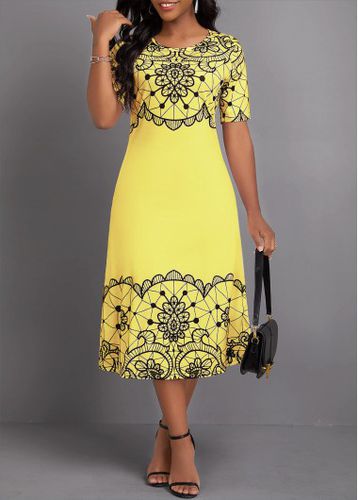 Light Yellow Geometric Print Short Sleeve Round Neck Dress - unsigned - Modalova