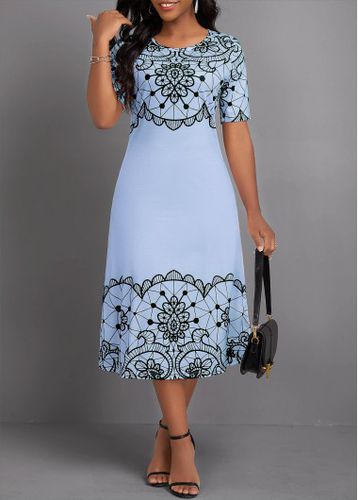 Light Blue Geometric Print Short Sleeve Round Neck Dress - unsigned - Modalova