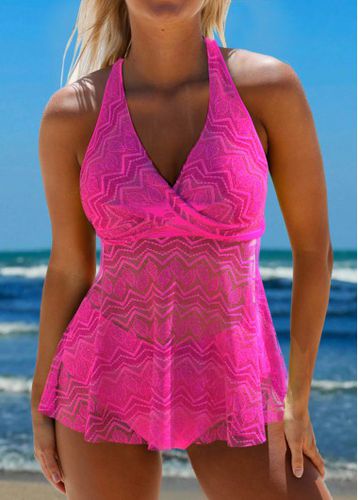 Lace Tie Back Hot Pink Tankini Set - unsigned - Modalova