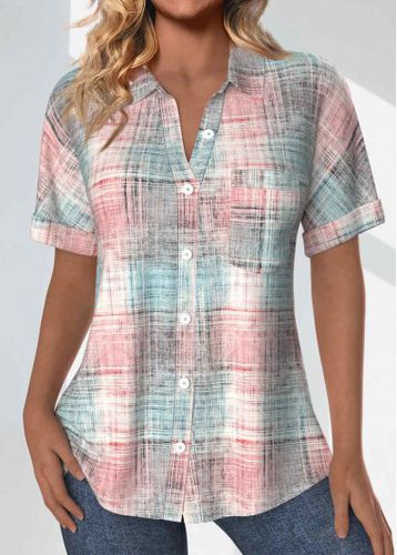 Light Pink Pocket Plaid Short Sleeve Shirt Collar Blouse - unsigned - Modalova