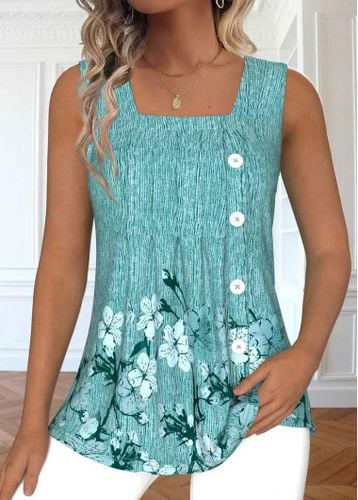 Mint Green Button Floral Print Sleeveless Tank Top - unsigned - Modalova