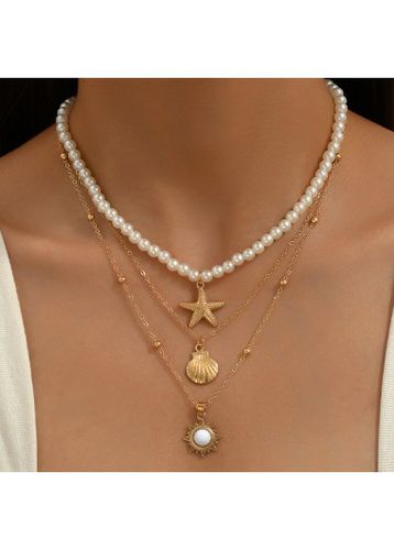 Gold Shell Starfish Layered Alloy Necklace - unsigned - Modalova