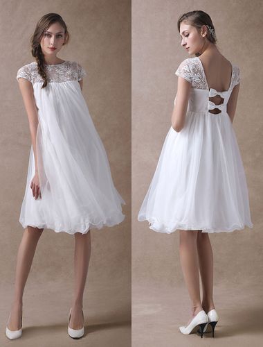 Simple Wedding Dresses Short Empire Waist Lace Tulle Cap Sleeve Pregnant Bridal Dress - milanoo.com - Modalova