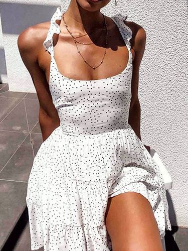 Summer Dress Straps Neck Sleeveless Polka Dot Backless Polyester Beach Dress - milanoo.com - Modalova