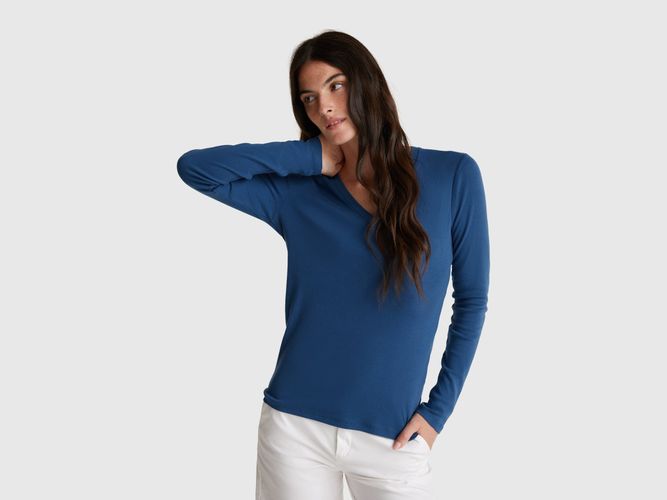 Benetton, T-shirt Col V Bleu Air Force, Taille: L, Bleu Horizon - United Colors of Benetton - Modalova