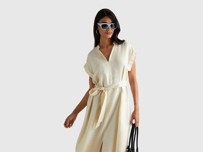 Benetton, Robe 100% Lin Avec Ceinture, Taille: L, Crème - United Colors of Benetton - Modalova