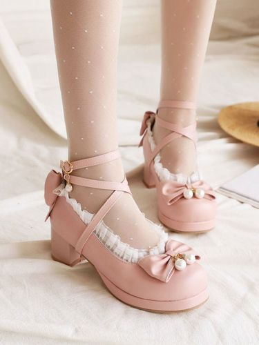 Sweet Lolita Footwear Bows Ruffles Synthétique Leather Chunky Heel Lolita Pumps Déguisements Halloween - milanoo.com - Modalova