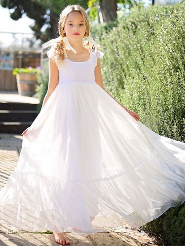 Robe de fille de fleur blanche en dentelle col carré longueur au sol robe cortège enfant - milanoo.com - Modalova