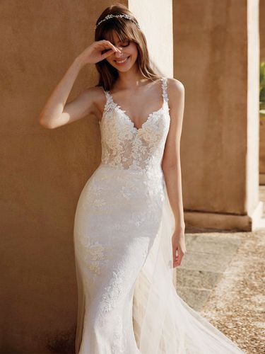 Robe de mariée sirène en dentelle col V à bretelle zip sur dos à traîne - milanoo.com - Modalova