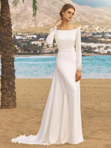 Robe de mariée simple en satin col bateau manche longue dos en dentelle boutonné à traîne - milanoo.com - Modalova