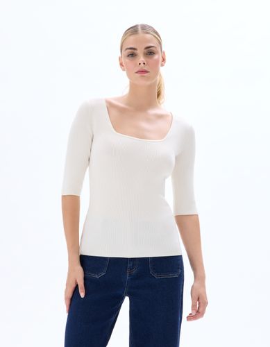 T-shirt maille côtelée col carré - écru - celio - Modalova