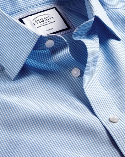 Men's Non-Iron Mini Gingham Checkered Cotton Formal Shirt - Cornflower Single Cuff, Medium by - Charles Tyrwhitt - Modalova