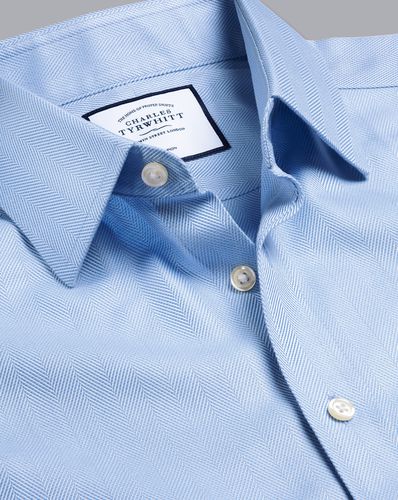 Men's Non-Iron Herringbone Cotton Formal Shirt - Sky Double Cuff, Large by - Charles Tyrwhitt - Modalova