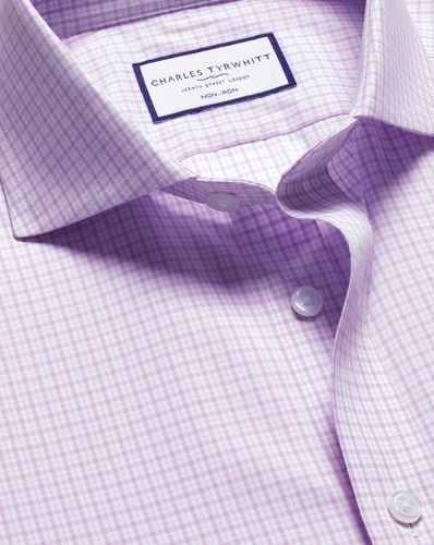 Men's Cutaway Collar Non-Iron Poplin Grid Checkered Cotton Formal Shirt - Lilac Single Cuff, Medium by - Charles Tyrwhitt - Modalova