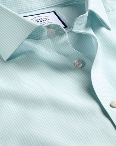 Men's Cutaway Collar Non-Iron Mini Gingham Checkered Cotton Formal Shirt - Aqua Single Cuff, Large by - Charles Tyrwhitt - Modalova