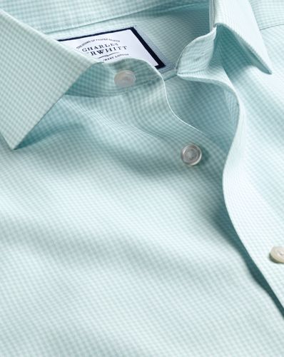 Men's Cutaway Collar Non-Iron Mini Gingham Checkered Cotton Formal Shirt - Aqua Single Cuff, XL by - Charles Tyrwhitt - Modalova