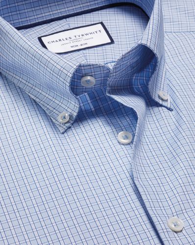 Men's Button-Down Non-Iron Stretch Oxford Checkered Cotton Formal Shirt - Sky Single Cuff, 15/33 by - Charles Tyrwhitt - Modalova