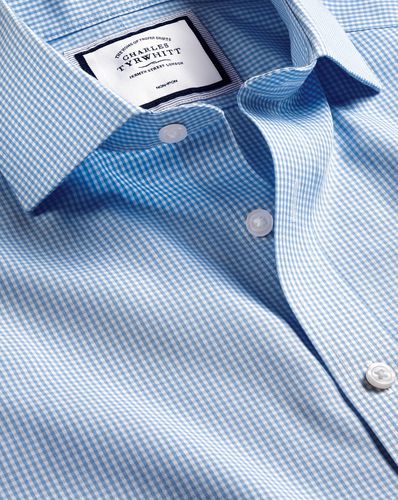 Men's Cutaway Collar Non-Iron Mini Gingham Checkered Cotton Formal Shirt - Cornflower Single Cuff, Large by - Charles Tyrwhitt - Modalova