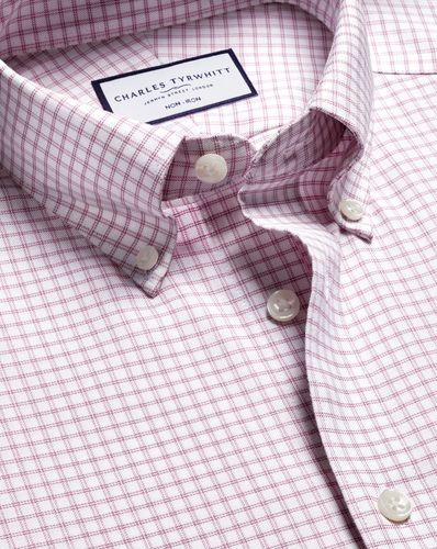 Men's Non-Iron Stretch Oxford Check Cotton Shirt - Dark Single Cuff, 15.5/33 by - Charles Tyrwhitt - Modalova