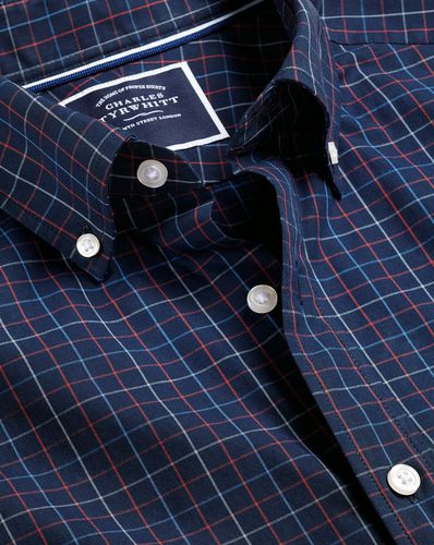 Men's Button-Down Collar Non-Iron Stretch Poplin Checkered Cotton Shirt - Navy Single Cuff, Small by - Charles Tyrwhitt - Modalova