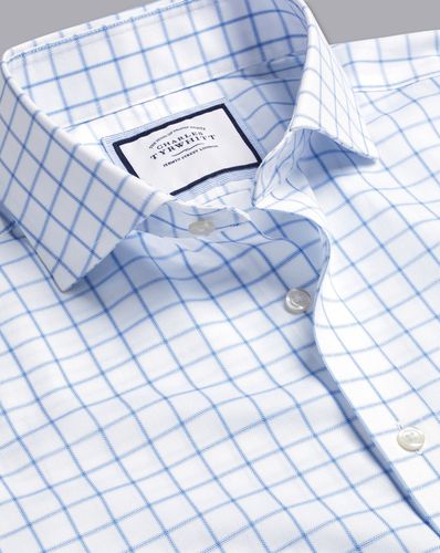 Men's Cutaway Collar Non-Iron Twill Grid Checkered Cotton Formal Shirt - Cornflower Single Cuff, Medium by - Charles Tyrwhitt - Modalova