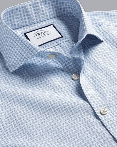 Men's Cutaway Collar Non-Iron Poplin Fine Checkered Cotton Formal Shirt - Sky Single Cuff, Small by - Charles Tyrwhitt - Modalova
