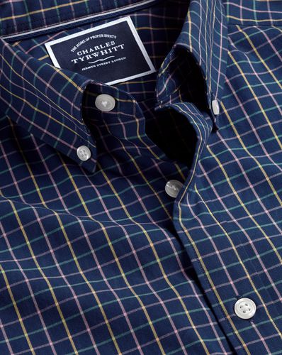 Men's Button-Down Collar Non-Iron Stretch Poplin Fine Checkered Cotton Shirt - Royal Single Cuff, Large by - Charles Tyrwhitt - Modalova