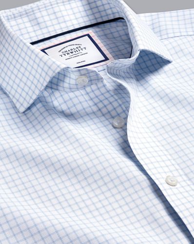 Men's Cutaway Collar Non-Iron Regent Weave Checkered Cotton Formal Shirt - Sky Single Cuff, Small by - Charles Tyrwhitt - Modalova