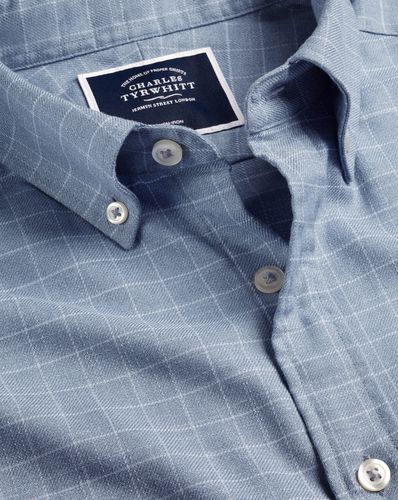 Men's Button-Down Collar Non-Iron Twill Windowpane Checkered Cotton Shirt - Steel Single Cuff, Small by - Charles Tyrwhitt - Modalova
