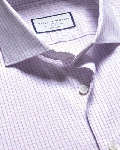 Men's Non-Iron Performance Twill Fine Checkered Cotton Formal Shirt - Lilac Single Cuff, Small by - Charles Tyrwhitt - Modalova