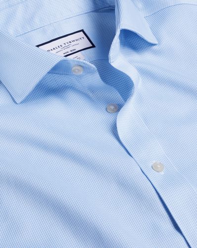 Men's Cutaway Collar Non-Iron Puppytooth Cotton Formal Shirt - Sky Single Cuff, Small by - Charles Tyrwhitt - Modalova