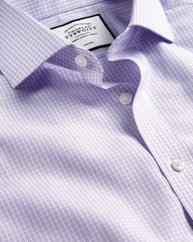 Men's Cutaway Collar Non-Iron Double Checkered Cotton Formal Shirt - Lilac Single Cuff, Small by - Charles Tyrwhitt - Modalova