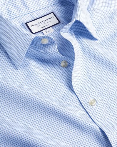 Men's Non-Iron Twill Mini Grid Checkered Cotton Formal Shirt - Cornflower Single Cuff, Medium by - Charles Tyrwhitt - Modalova
