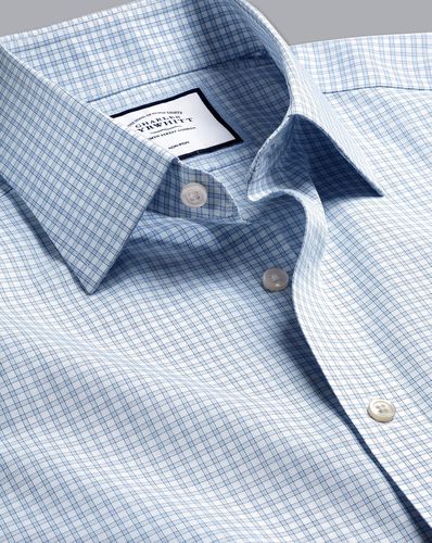 Men's Non-Iron Poplin Fine Checkered Cotton Formal Shirt - Sky Single Cuff, Large by - Charles Tyrwhitt - Modalova