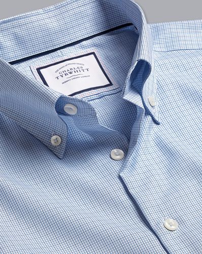 Men's Button-Down Collar Non-Iron Checkered Cotton Formal Shirt - Sky Single Cuff, Small by - Charles Tyrwhitt - Modalova
