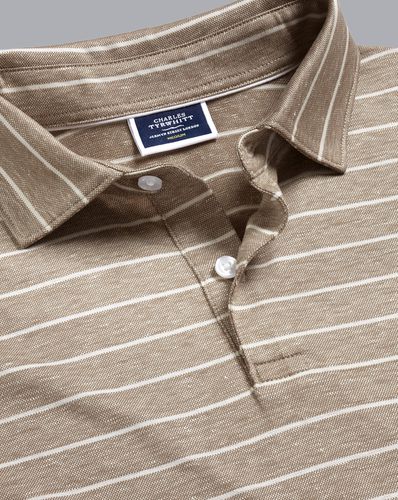 Men's Linen Cotton Stripe Polo - Mocha , Large by - Charles Tyrwhitt - Modalova