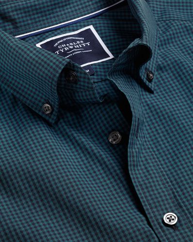 Men's Button-Down Collar Non-Iron Stretch Poplin Mini Gingham Checkered Cotton Shirt - Teal Blue Single Cuff, Small by - Charles Tyrwhitt - Modalova