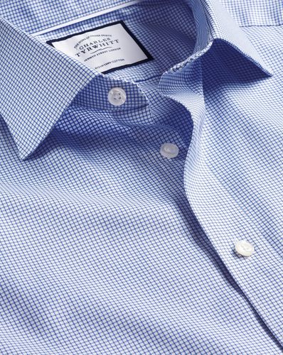 Men's Semi-Cutaway Collar Egyptian Cotton Twill Small Grid Checkered Formal Shirt - Ocean Single Cuff, Large by - Charles Tyrwhitt - Modalova