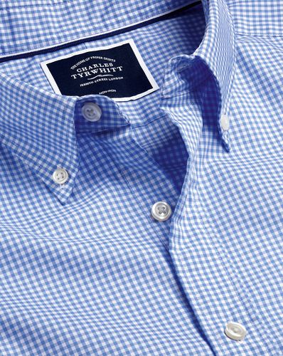 Men's Button-Down Collar Non-Iron Stretch Poplin Mini Gingham Cotton Shirt - Ocean Single Cuff, Large by - Charles Tyrwhitt - Modalova