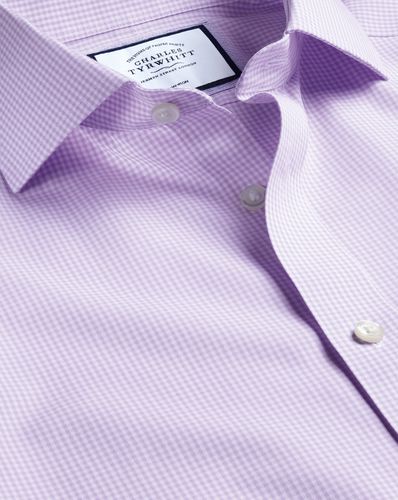 Men's Cutaway Collar Non-Iron Mini Gingham Checkered Cotton Formal Shirt - Mauve Single Cuff, XL by - Charles Tyrwhitt - Modalova