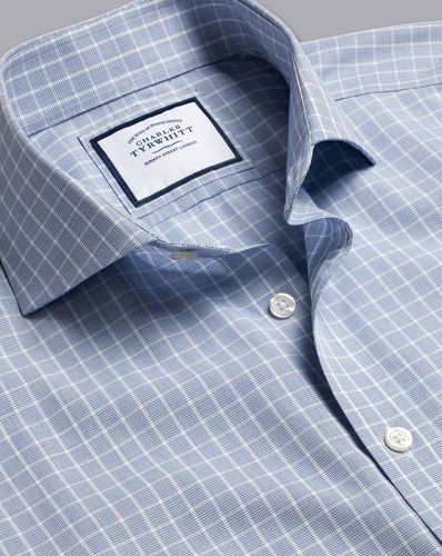 Men's Cutaway Collar Non-Iron Fine Checkered Cotton Formal Shirt - Petrol Single Cuff, Small by - Charles Tyrwhitt - Modalova