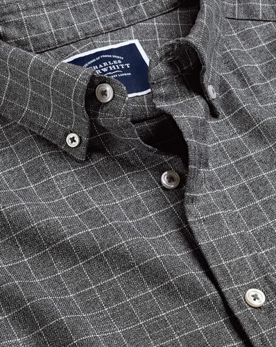 Men's Button-Down Collar Non-Iron Twill Windowpane Checkered Cotton Shirt - Charcoal Black Single Cuff, Medium by - Charles Tyrwhitt - Modalova