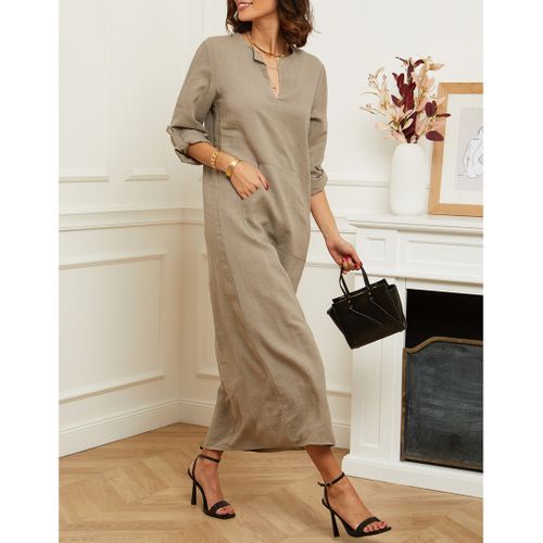 Taupe Tunic Linen Maxi Dress - LE MONDE DU LIN - Modalova