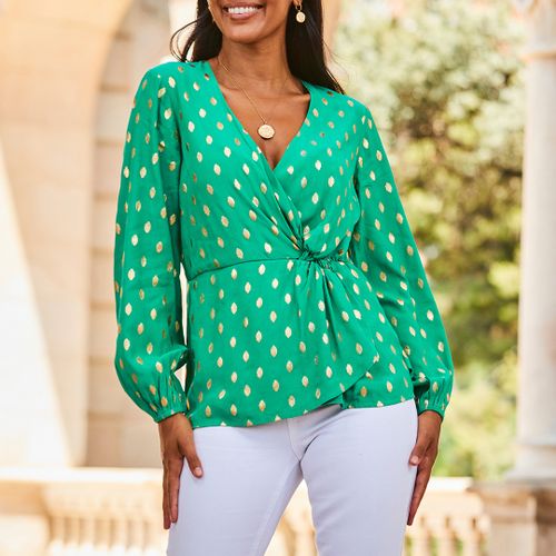 Green Metallic Printed Knot Front Top - SOSANDAR - Modalova