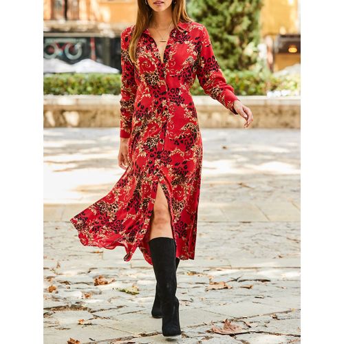 Red Multi Print Midi Shirt Dress - SOSANDAR - Modalova