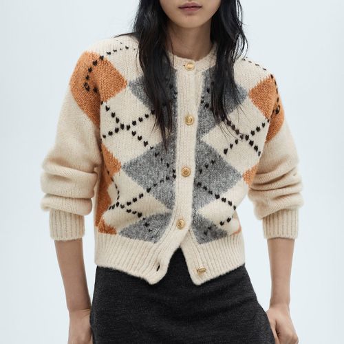 Cream Argyle Wool Blend Cardigan - Size M - Mango - Modalova